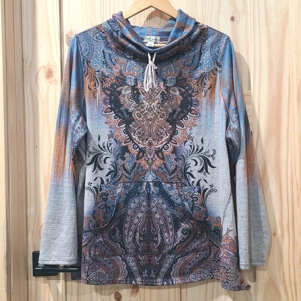 World Unity Cowl Neck Sweatshirt Artsy Paisley Floral Print Boho Hippie Size 2X